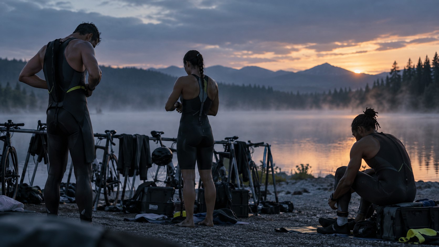 Atletas de endurance preparando equipamentos junto a um lago no início da manhã