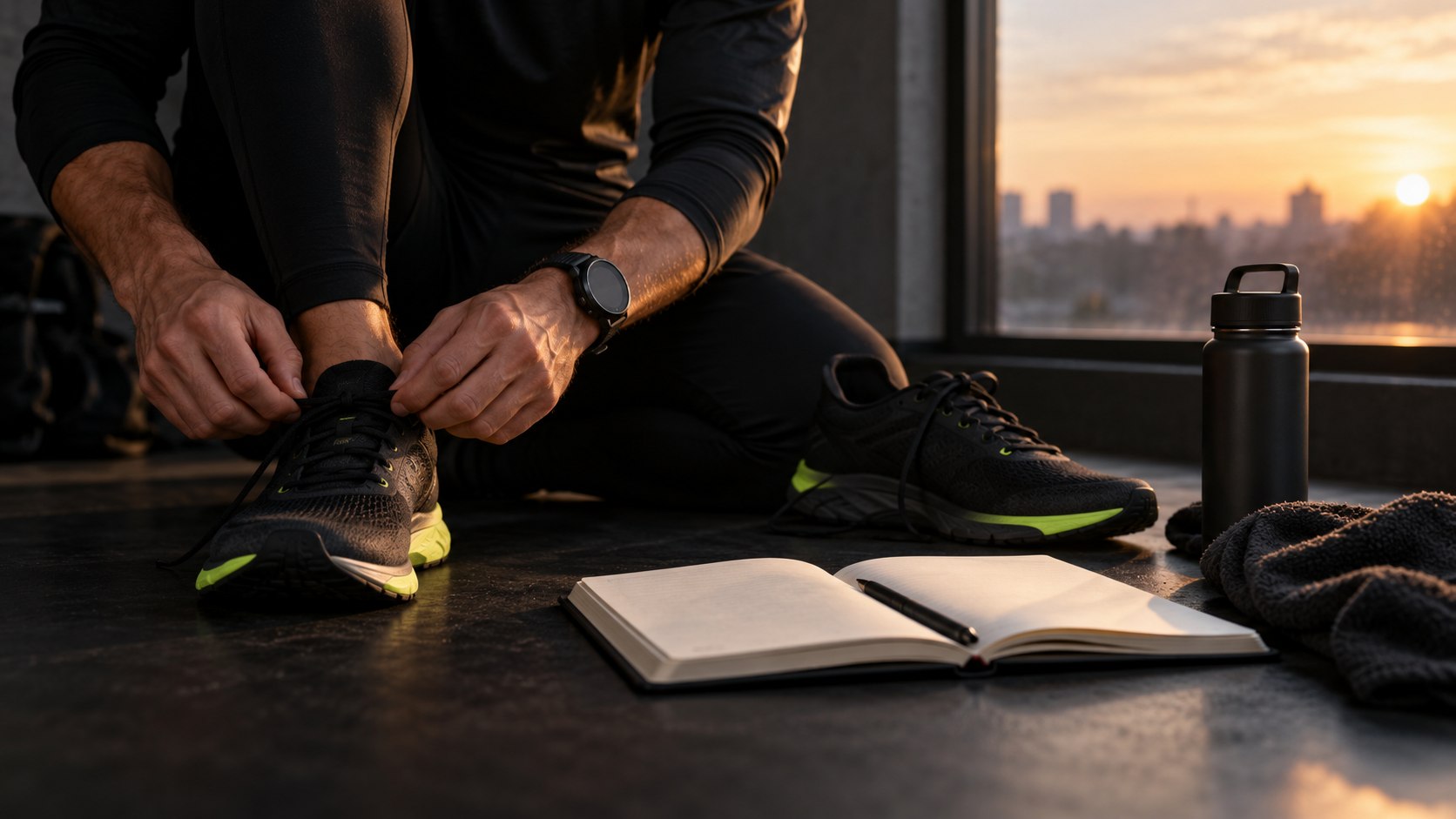 Atleta amarrando o tênis diante de um caderno de treino ao amanhecer